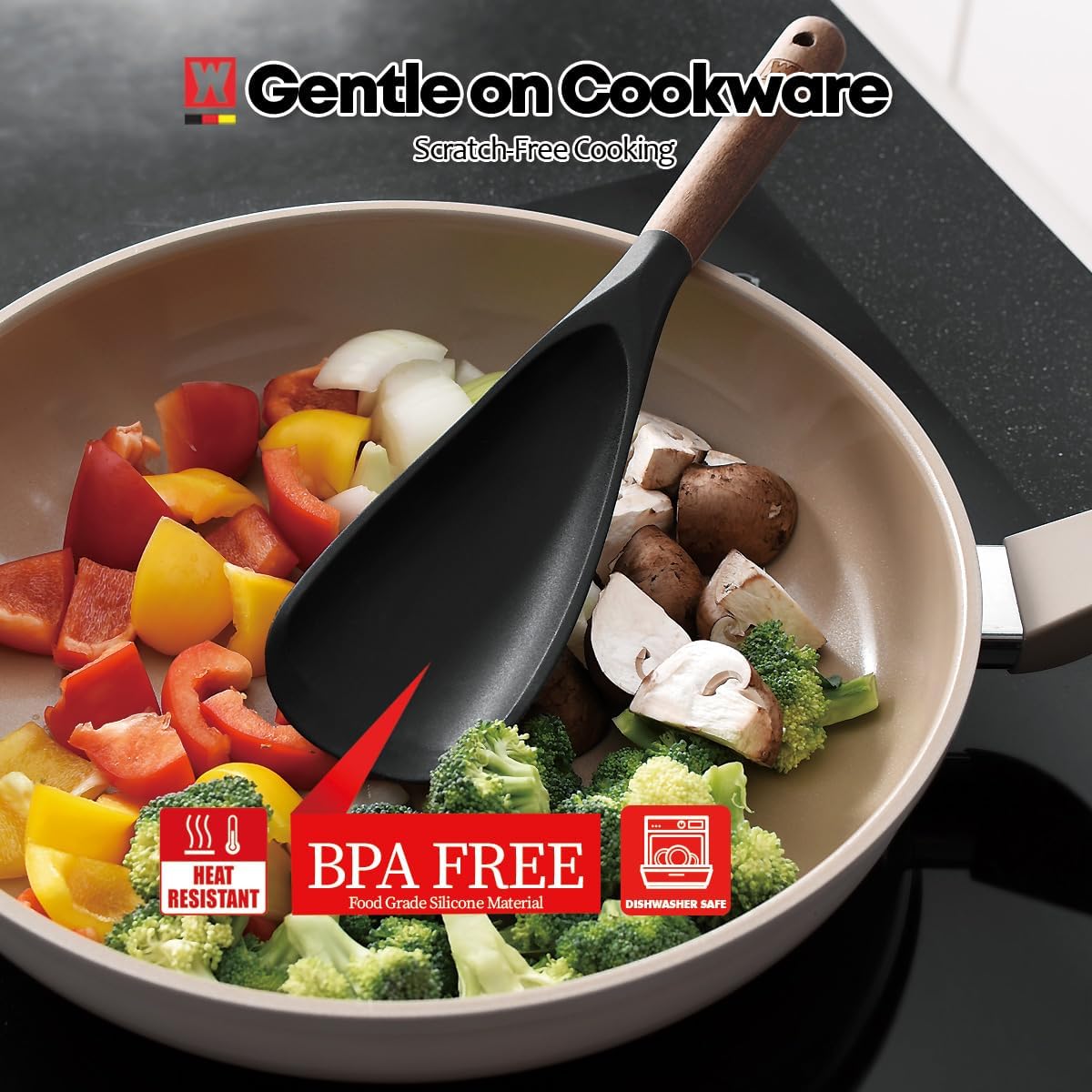 Set of 2pc Silicone Cooking Utensils: Wooden Handle Ladle + Long Head Serving & Cooking Spoon, Heat Resistant, BPA Free, Scratch-Resistant Surface Design - Culinary Roots