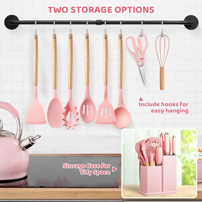 37 PCS Kitchen Utensils Set, Silicone Cooking Utensils Set with Knife Set and Holder, Wooden Handle Kitchen Tool Set (Pink)