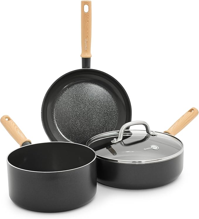 GreenPan Hudson Healthy Ceramic Nonstick, 4 Piece Cookware Pots and Pans Set, Vintage Wood Inspired Handle, PFAS-Free, Dishwasher Safe, Black