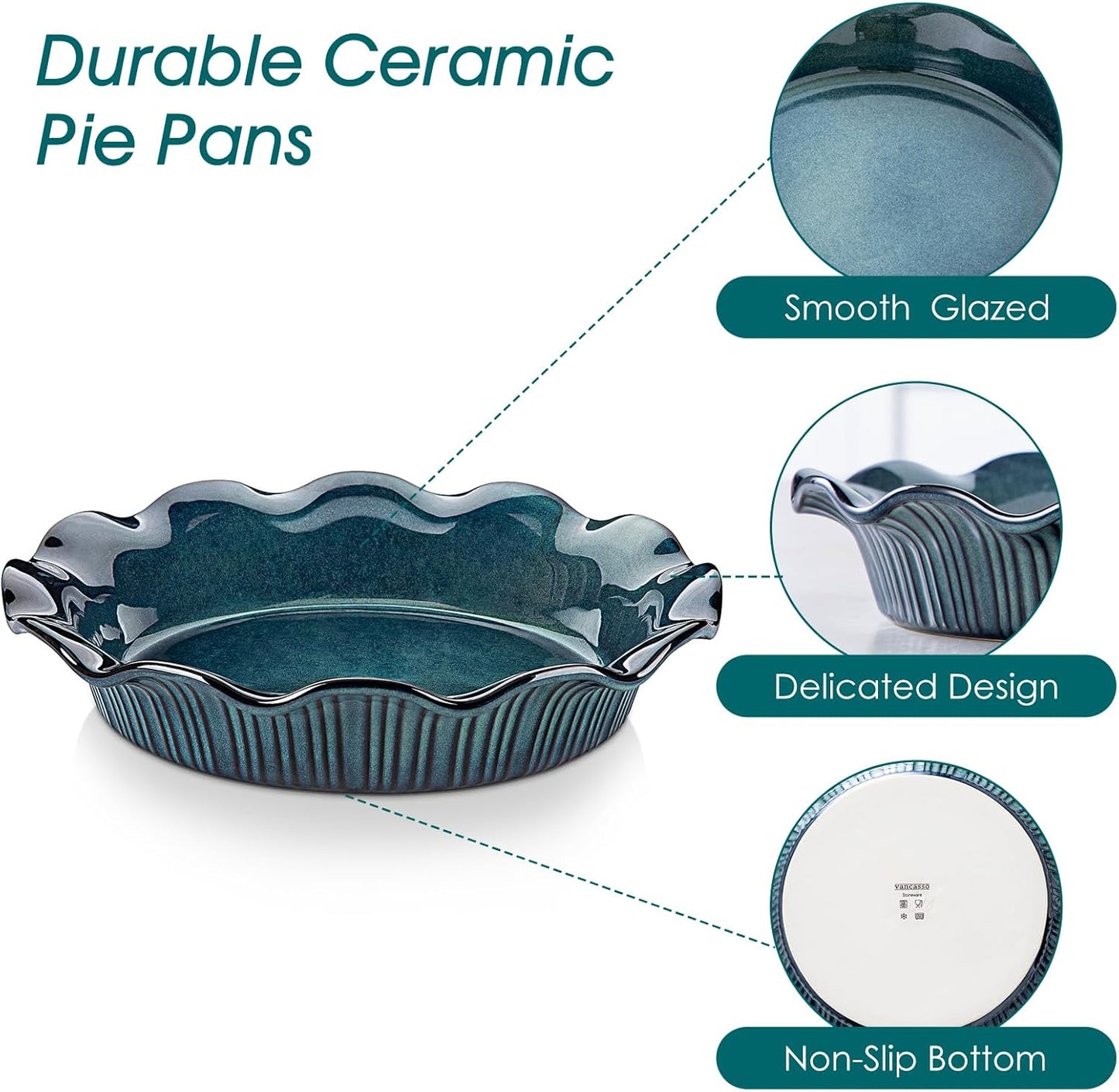 vancasso Stern Ceramic Pie Pan, 9 inch Pie Pans with Ruffled Edge, Deep Pie Dishes for Baking, Round Pie Plates for Apple, Quiche, Pot Pies, Tart, Oven & Dishwasher Safe, Set of 2, Green - Culinary Roots