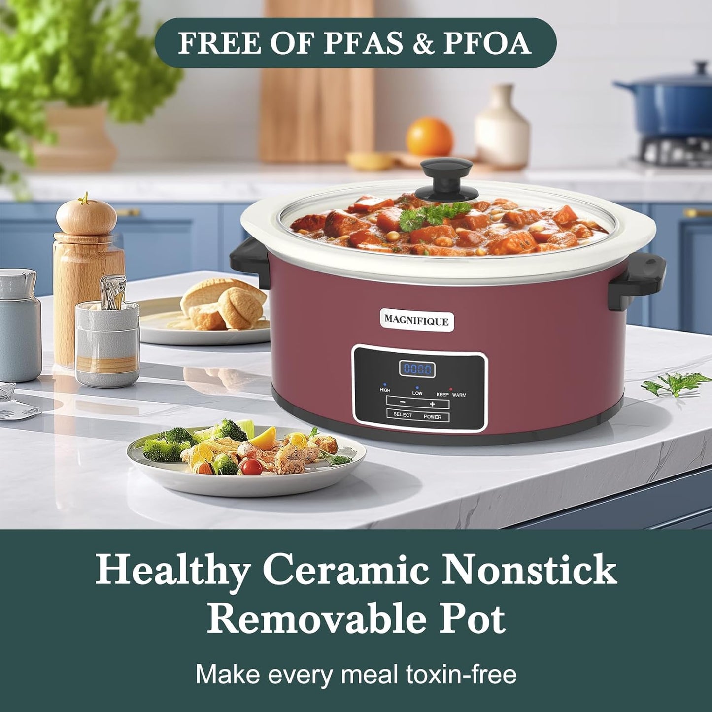 7-Quart Programmable Slow Cooker with Timer Keep Warm - Small Kitchen Appliance for Family Dinners - Serves 6+ People (Red Shell + White Ceramic Liner) - Culinary Roots