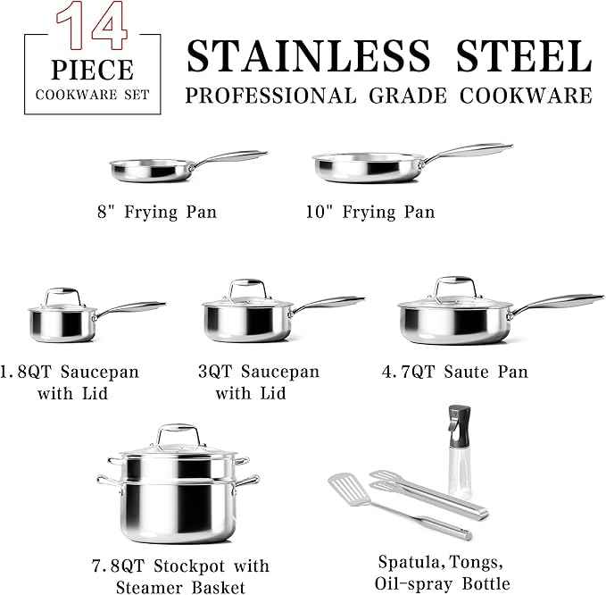 Stainless Steel Cookware Set - VONIKI Tri-ply Stainless Pots And Pans Set with Steamer Basket, Non Toxic Induction Cookware, Kitchen Cookware Sets PFOA & PTFE Free, Dishwasher and Oven Safe