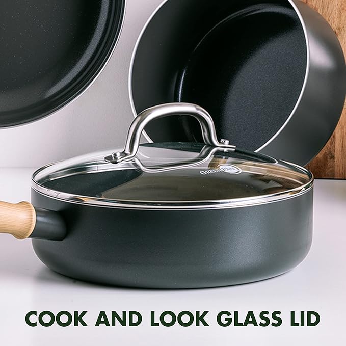 GreenPan Hudson Healthy Ceramic Nonstick, 4 Piece Cookware Pots and Pans Set, Vintage Wood Inspired Handle, PFAS-Free, Dishwasher Safe, Black