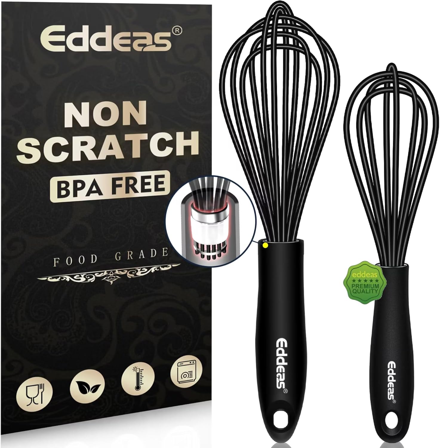 Mini Silicone Whisk, Small Silicone Whisk 7+9in, BPA free Non Scratch Coated Protect your Ceramic Pots and Pan.Perfect for Whisking, Beating, Mixing.Black - Culinary Roots