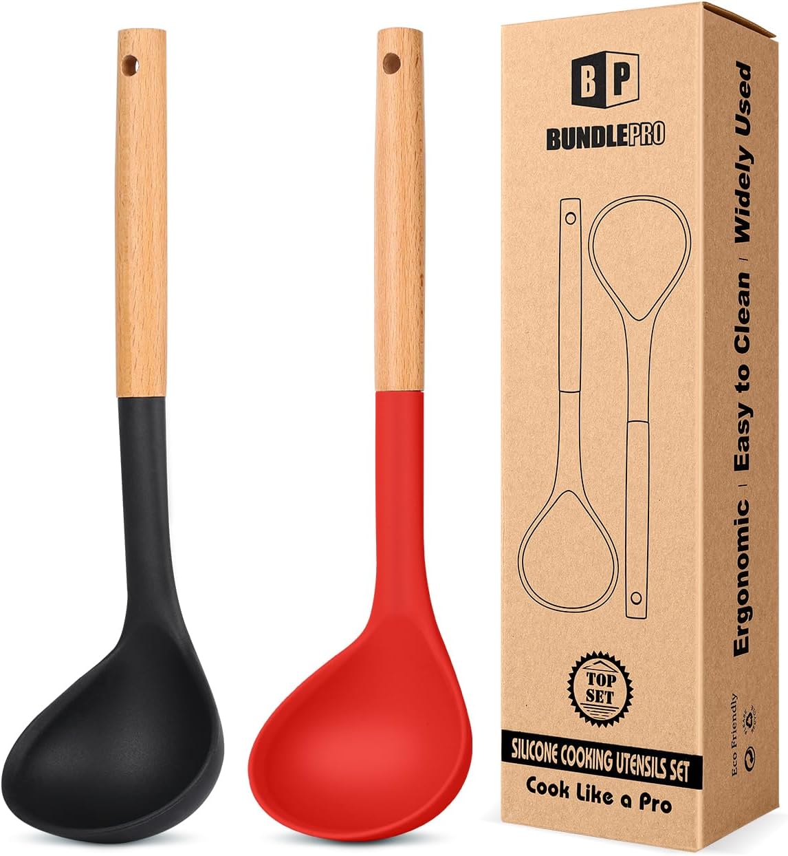 Pack of 2 Soup Ladle, Silicone Ladle Spoon with Wooden Handle, Large Non Stick High Heat Resistant Kitchen Utensils for Cooking, Stirring, Serving Soups(BLACK-RED) - Culinary Roots