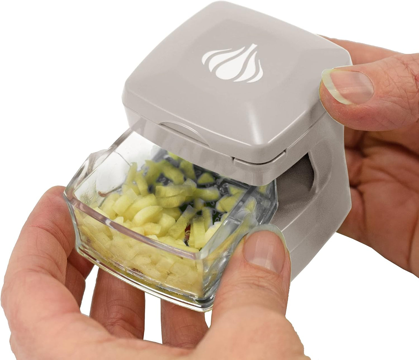 Garlic-A-Peel Garlic Press, Crusher, Cutter, Mincer, and Storage Container - Includes Silicone Garlic Peeler - Easy to Clean - Stainless Steel Blades – (Cream), standard - Culinary Roots