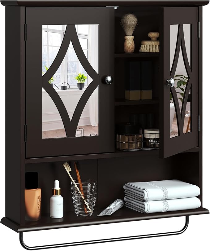 RoyalCraft 22x25 Bathroom Medicine Cabinet with Mirror, Large Wood Wall Mounted Storage Cabinet with Shelves and Towel Bar, Over The Toilet Storage Cabinet for Bathroom, Laundry, Living Room, Brown
