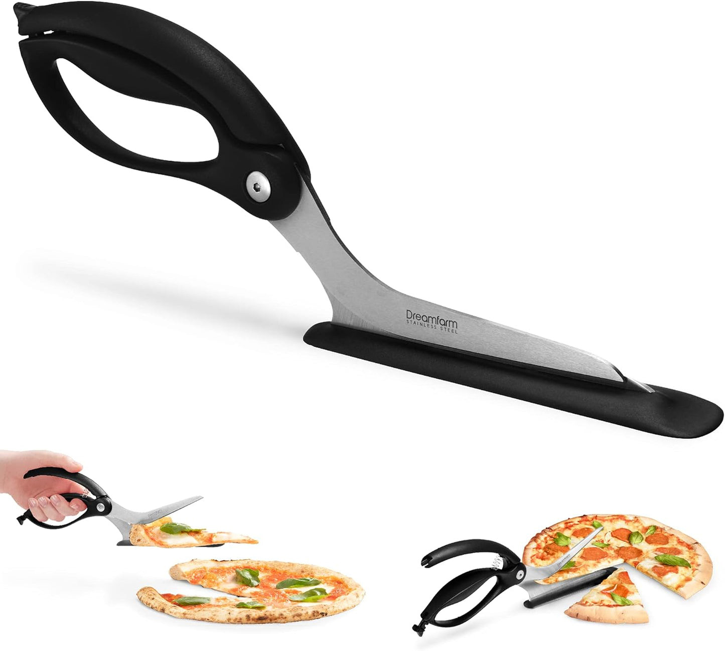 Dreamfarm Scizza 2-In-1 Easy Ergonomic Pizza Scissors with Stainless Steel Pizza Cutter Blades & Non-Stick Slice Server - Black - Culinary Roots