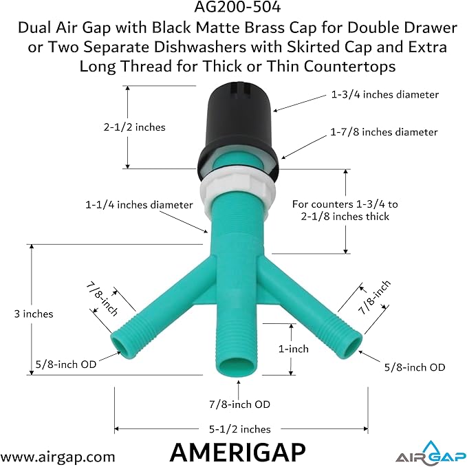 Dual Air Gap with Black Matte Brass Cap for Double Drawer or Two Separate Dishwashers with Skirted Cap and Extra Long Thread for Thick or Thin Countertops (AG200-504, AG200-X04, AMERIGAP)
