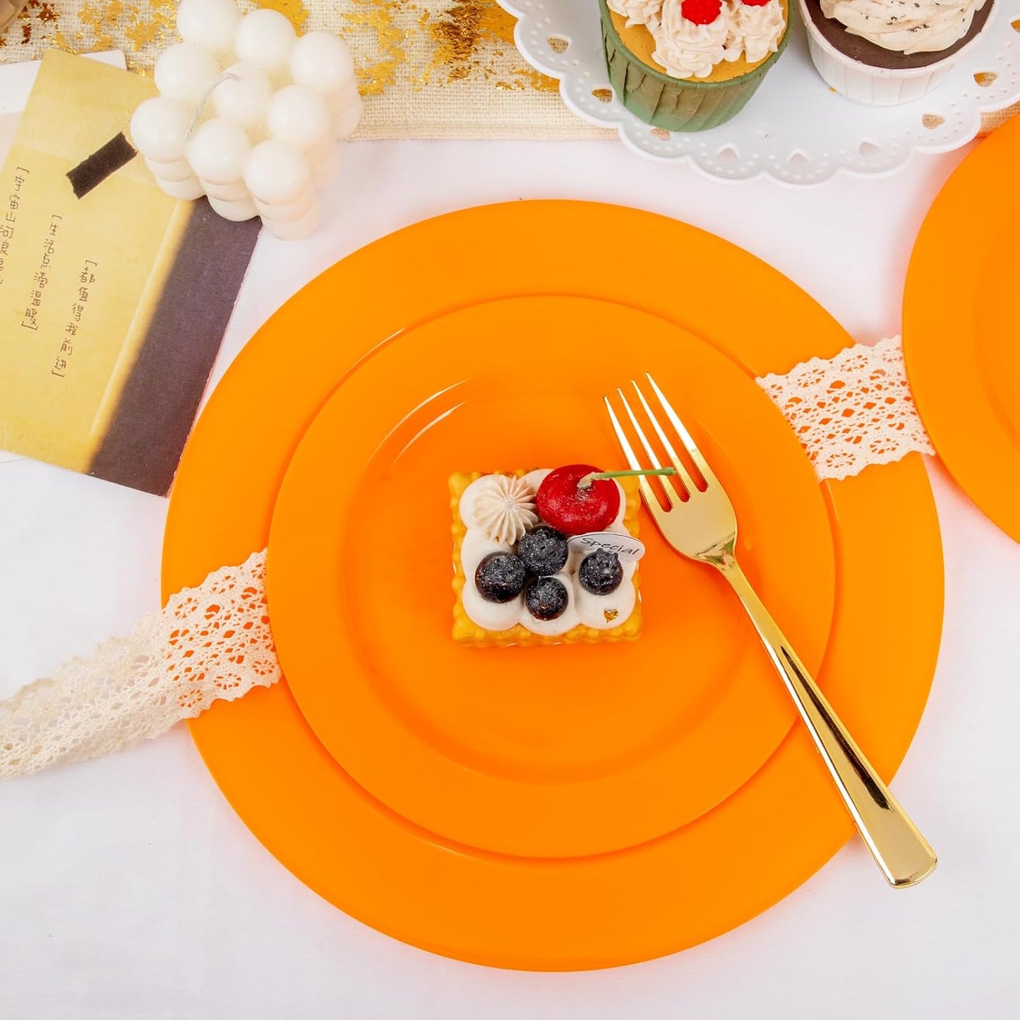 FLOWERCAT 60PCS Orange Plates - Heavy Duty Orange Plastic Plates Disposable for Halloween & Thanksgiving Party - Serve 30 Guests 10.25inch and 7.5inch - Culinary Roots