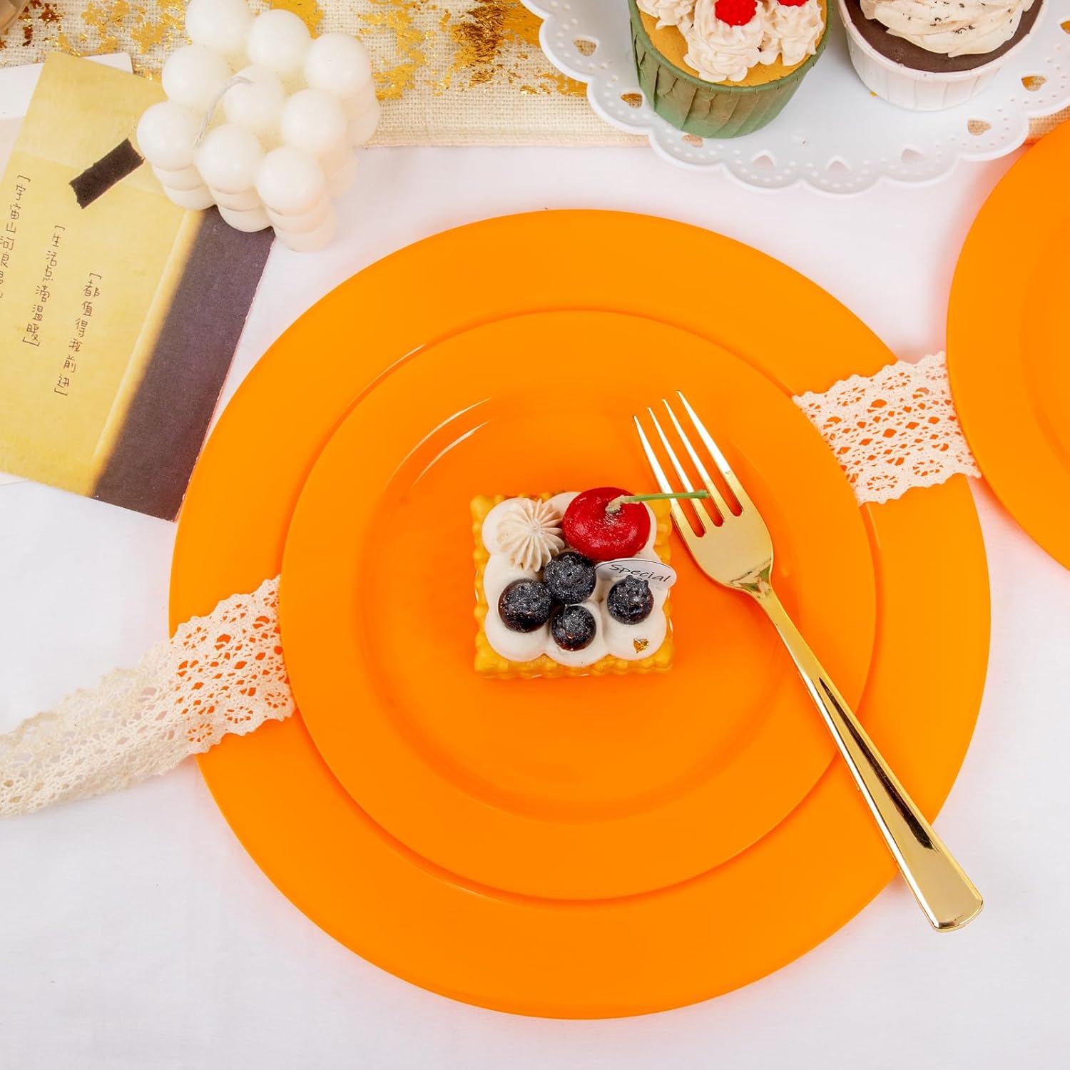 FLOWERCAT 60PCS Orange Plates - Heavy Duty Orange Plastic Plates Disposable for Halloween & Thanksgiving Party - Serve 30 Guests 10.25inch and 7.5inch - Culinary Roots