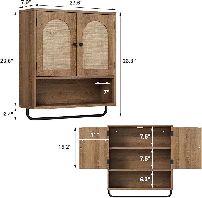 RUSTOWN Rattan Bathroom Wall Cabinet, Boho Medicine Cabinet with 2 Arched Doors, Farmhouse Over The Toilet Storage Cabinets with Adjustable Shelves & Towel Bar, 3-Tier Wall Mounted Cabinets