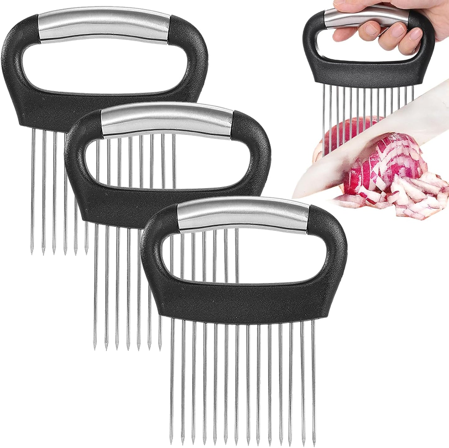 JAYVAR Large Onion Holder for Slicing, 3Pieces Large Tomato Slicer, Stainless Steel Onion Chopper Vegetable Cutter for Potato Lemon, Meat Tenderizer Tool, Kitchen Food Slicer Guide for Neat Slicing