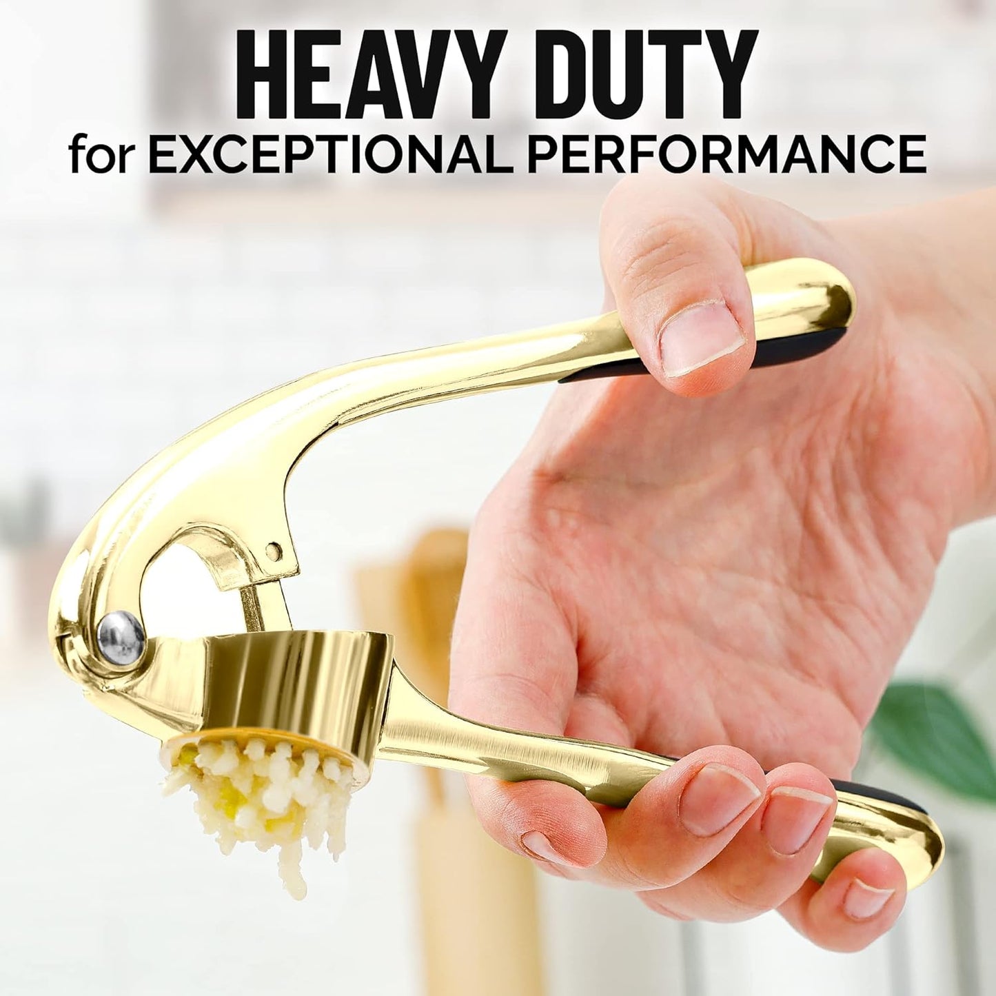Zulay Kitchen Premium Garlic Press with Soft, Easy to Squeeze Handle - Includes Silicone Garlic Peeler & Cleaning Brush - 3 Piece Garlic Mincer Tool - Sturdy Easy to Clean Garlic Crusher (Gold) - Culinary Roots