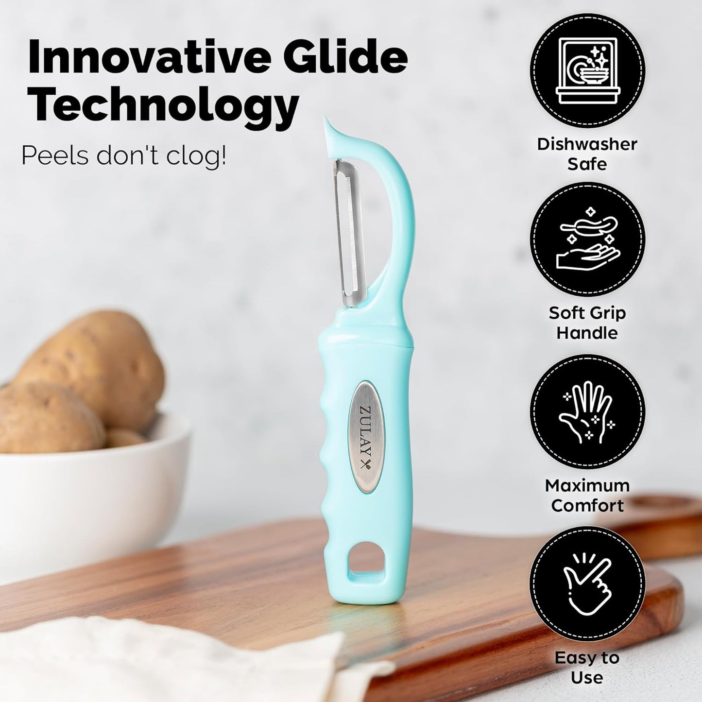 Zulay Kitchen Premium Vegetable Peeler for Kitchen - Swivel Peeler with Razor Sharp Stainless Steel Blades & Strong Ergonomic Handle - Dishwasher Safe, Easy To Use with Blemish Remover - Light Blue - Culinary Roots
