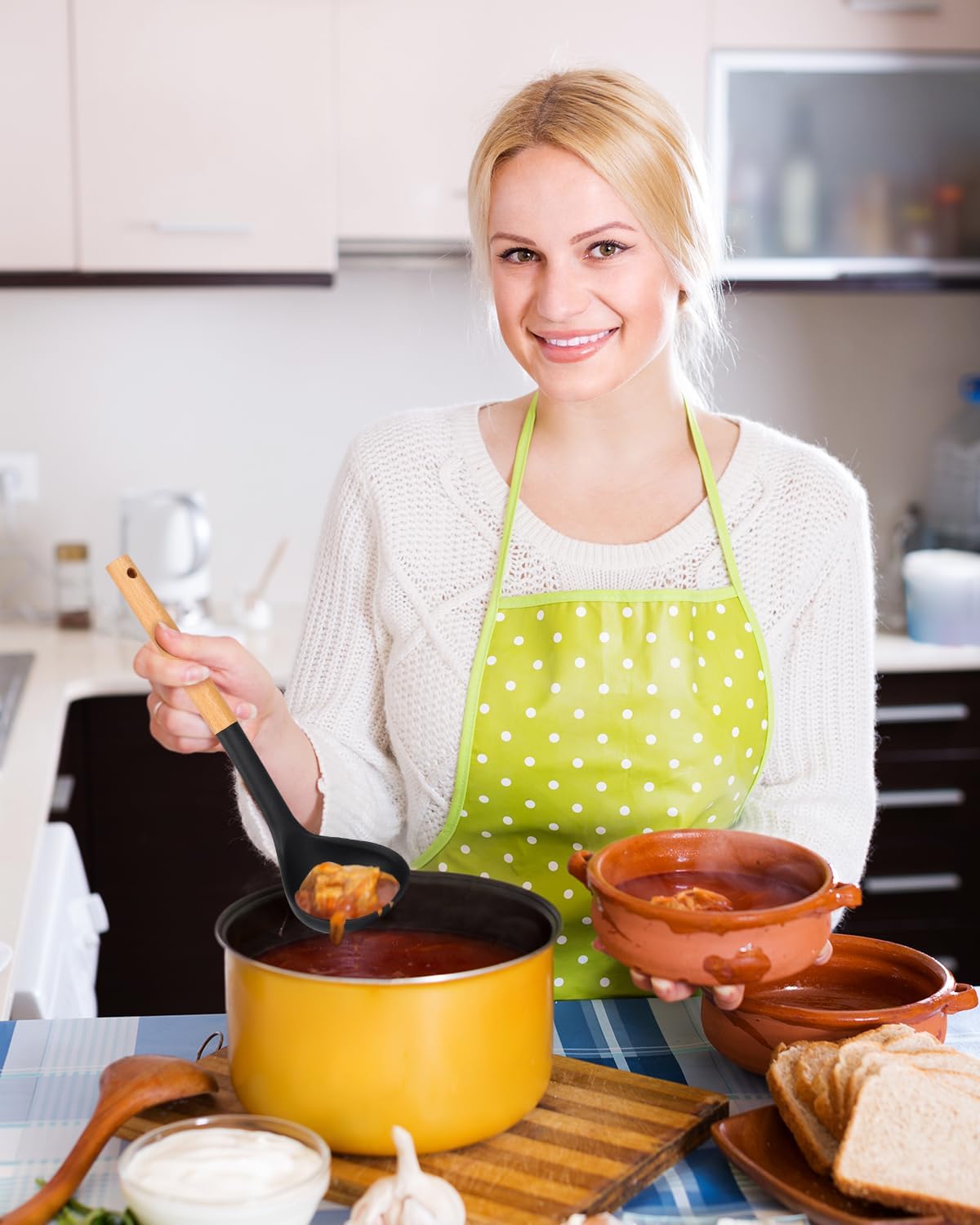 Pack of 2 Soup Ladle, Silicone Ladle Spoon with Wooden Handle, Large Non Stick High Heat Resistant Kitchen Utensils for Cooking, Stirring, Serving Soups(BLACK-RED) - Culinary Roots