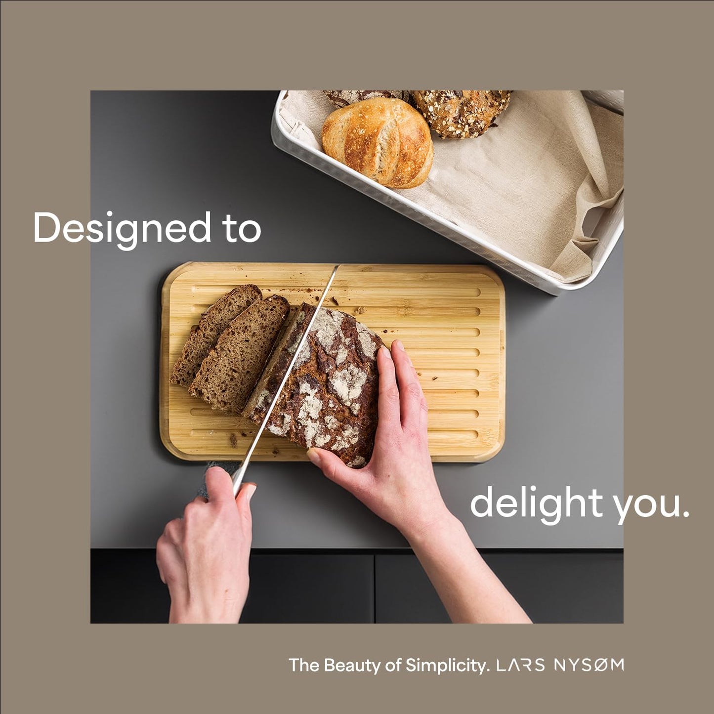 LARS NYSØM Bread Box I Metal Box with linen bag for long lasting freshness I Bread Bin with bamboo lid usable as cutting board I 13.4x7.3x5.3In (Carbon Black)