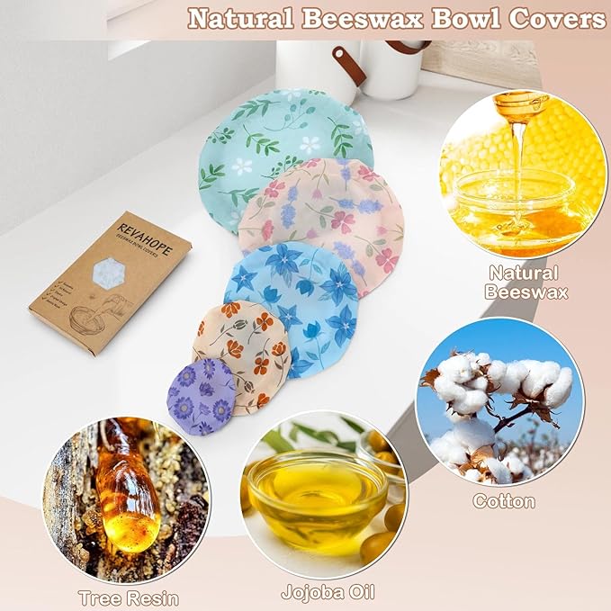 5-Size Reusable Beeswax Bowl Covers for Bread Proofing, Cotton Cloth Flexible Beeswax Wraps for Food Storage(Plant leaves)