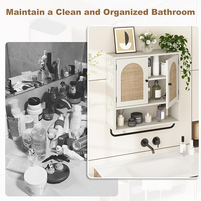 RUSTOWN Rattan Bathroom Wall Cabinet, Boho Medicine Cabinet with 2 Arched Doors, Farmhouse Over The Toilet Storage Cabinets with Adjustable Shelves & Towel Bar, 3-Tier Wall Mounted Cabinets