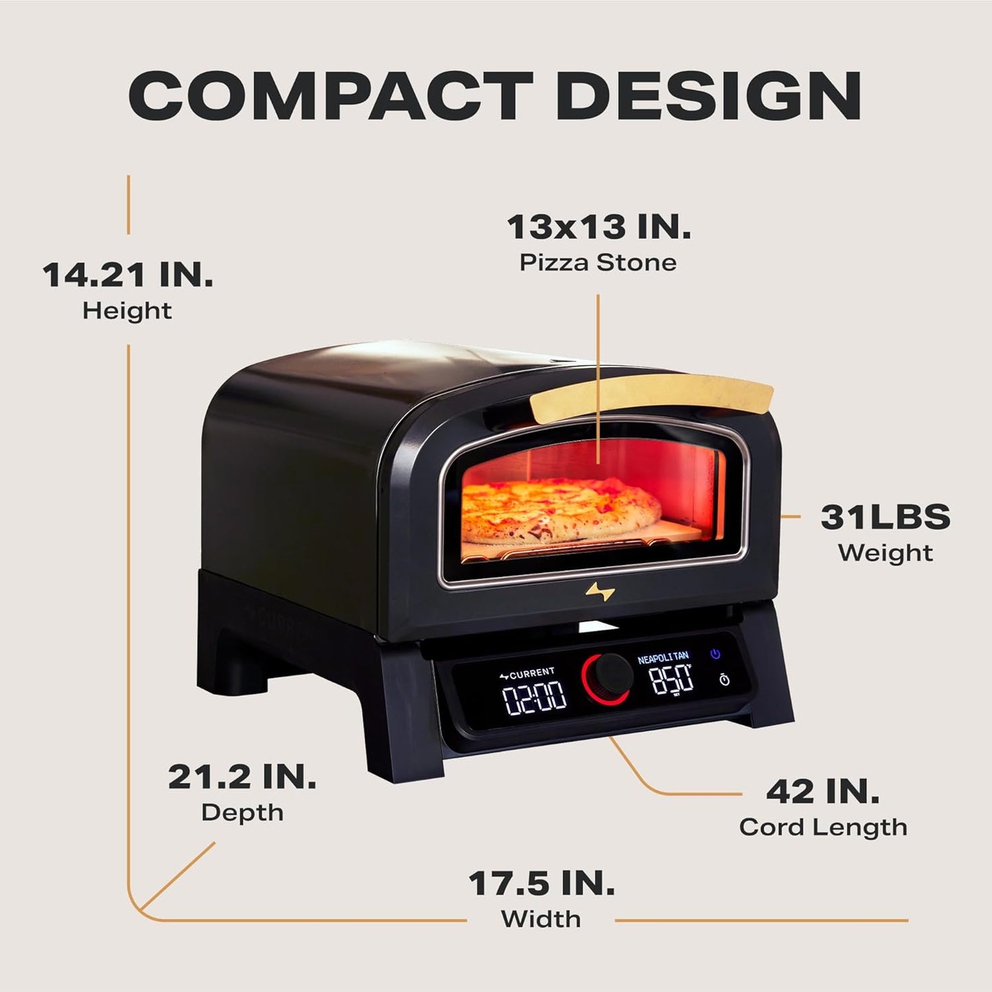 Current® Model P Smart Electric Pizza Oven, 12-Inch, 850°F Max, 5 Cooking Modes, App Connectivity for Temperature Monitoring & Custom Cooking Times, Compact for Indoor & Outdoor Use, Beige - Culinary Roots