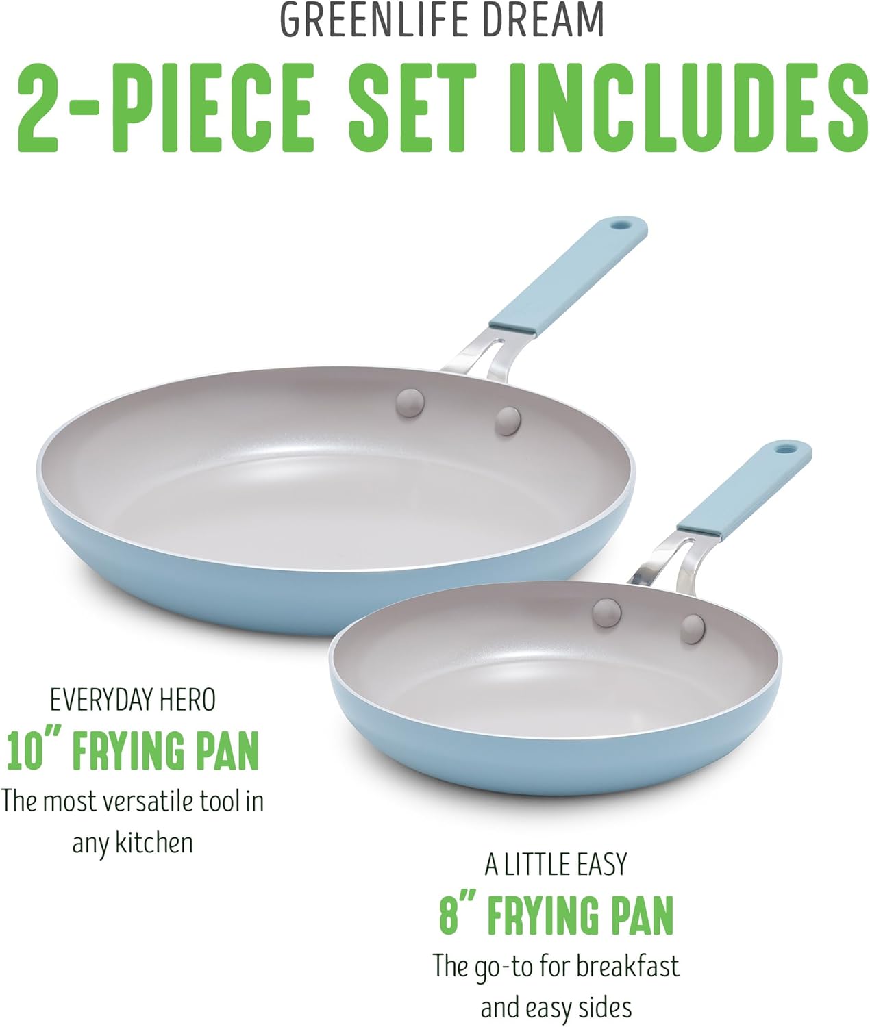 GreenLife 8” & 10” 2 Piece Nonstick Ceramic Frying Pan Set, Lightweight Healthy PFAS-Free Skillets, Dishwasher & Oven Safe, Durable Body, Silicone Stay-Cool Handles, Easy Release, Blue Haze - Culinary Roots
