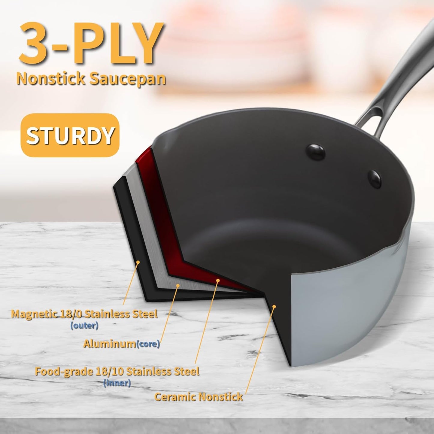 Ceramic Nonstick Tri-Ply Stainless Steel Sauce Pan with Steamer,2.5 Quart Small Multipurpose Pot with Pour Spout,Strainer Glass Lid, 2qt Saucepan for Cooking with Stay-cool Handle,Grey - Culinary Roots