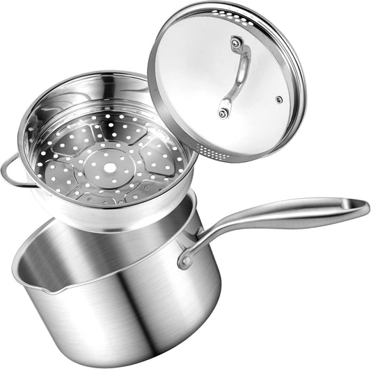 2.5 Quart Stainless Steel Saucepan with Steamer Basket, Tri-ply Full Body, Multipurpose Sauce Pot with Two-Size Drainage Holes Lid, Perfect For Boiling Gravies, Pasta, Noodles - Culinary Roots