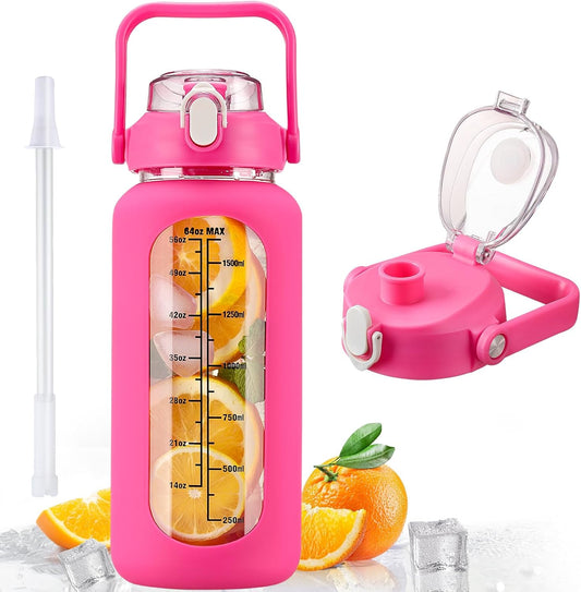 kytffu 64oz Glass Water Bottles with Straw, Half Gallon Motivational Glass Bottle with Silicone Sleeve and Time Marker, 2L Leakproof Large Glass Water Jug for Gym Home Office, Rose Red