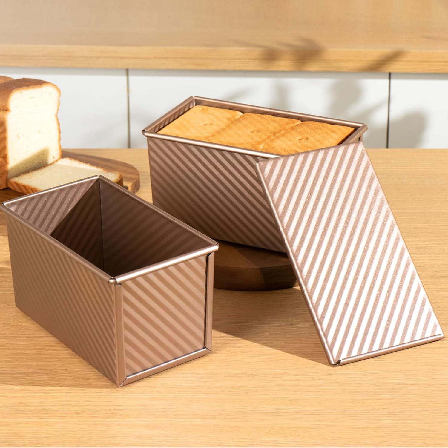 2 Pack Pullman Loaf Pan with Lid, 1 lb/0.5 lb Dough Capacity, Carbon Steel Corrugated, Non-Stick Sandwich Bread Loaf Pan with Lid - Culinary Roots