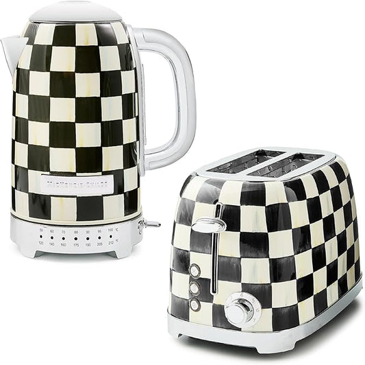 MACKENZIE-CHILDS Stainless-Steel Electric Kettle Bundle with Stainless-Steel 2-Slice Toaster, Black-and-White Courtly Check