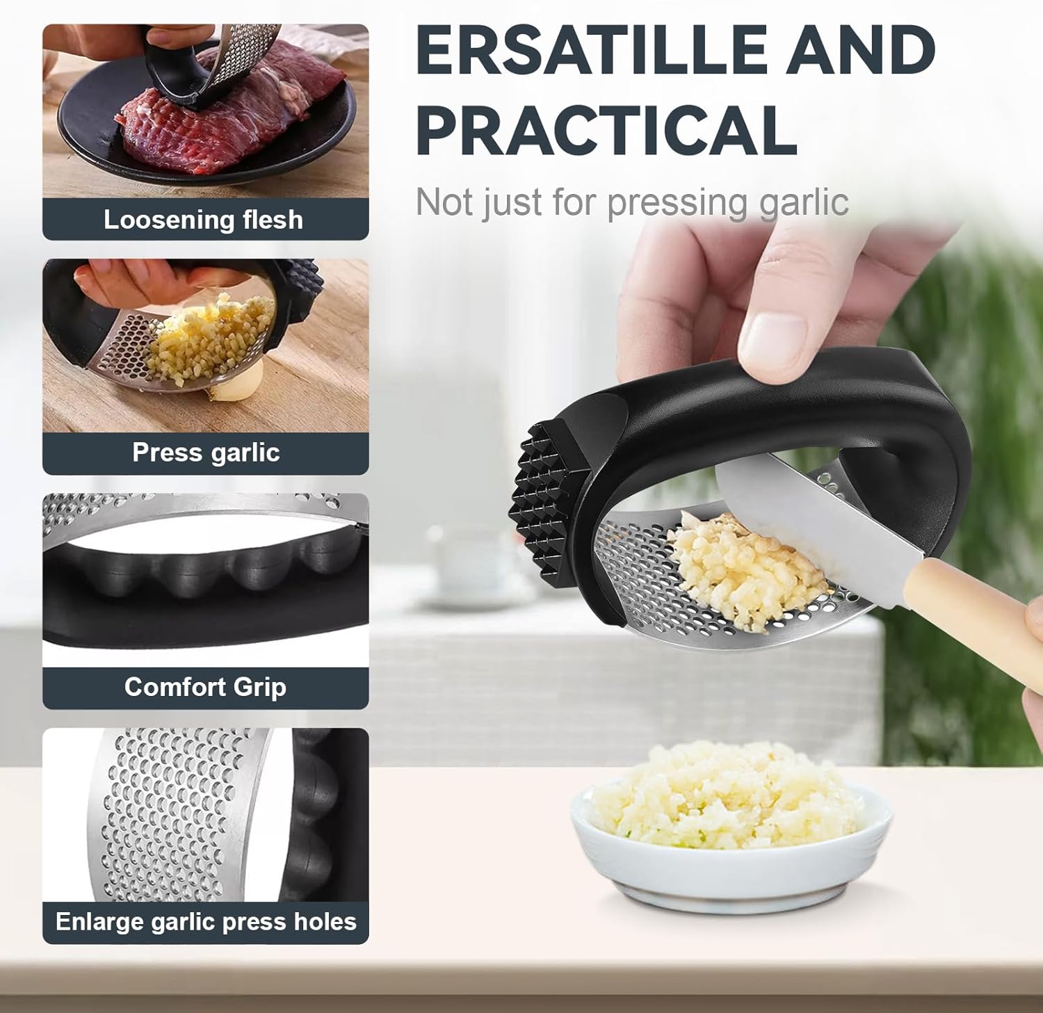 2 Pack Garlic Press Rocker Set – Innovative Stainless Steel Garlic Mincer & Crusher with 2 Peelers, 2 Scrapers, and 2 Brushes for Effortless Garlic Prep | Complete Garlic Tool Kit (BLACK) - Culinary Roots