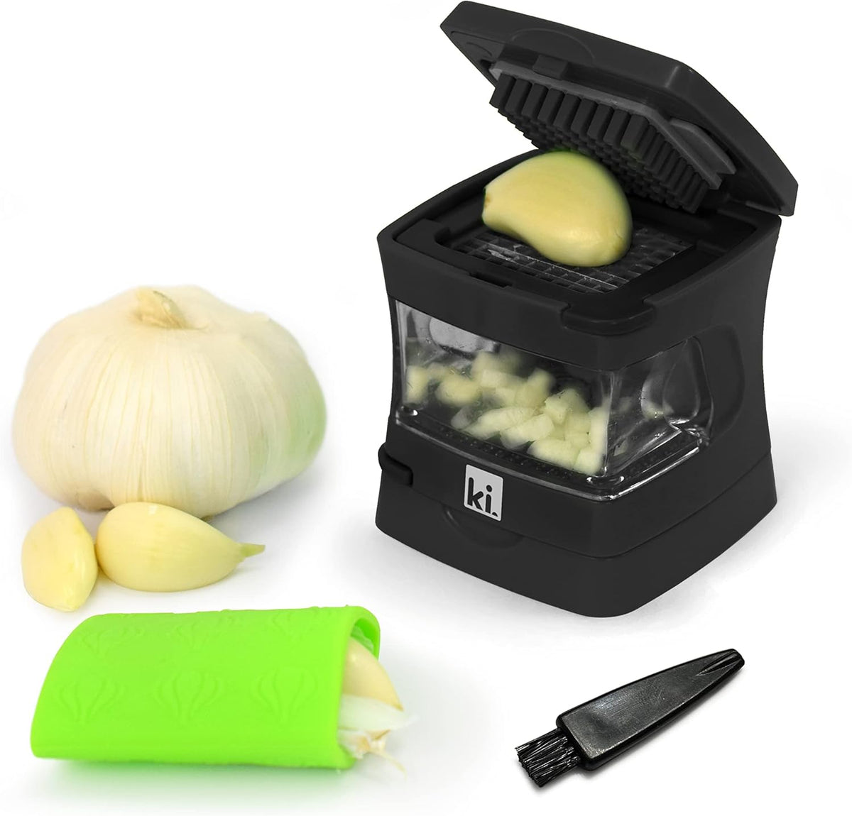 Garlic-A-Peel Garlic Press, Crusher, Cutter, Mincer, and Storage Container - Includes Silicone Garlic Peeler - Easy to Clean - Stainless Steel Blades – (Black), standard - Culinary Roots