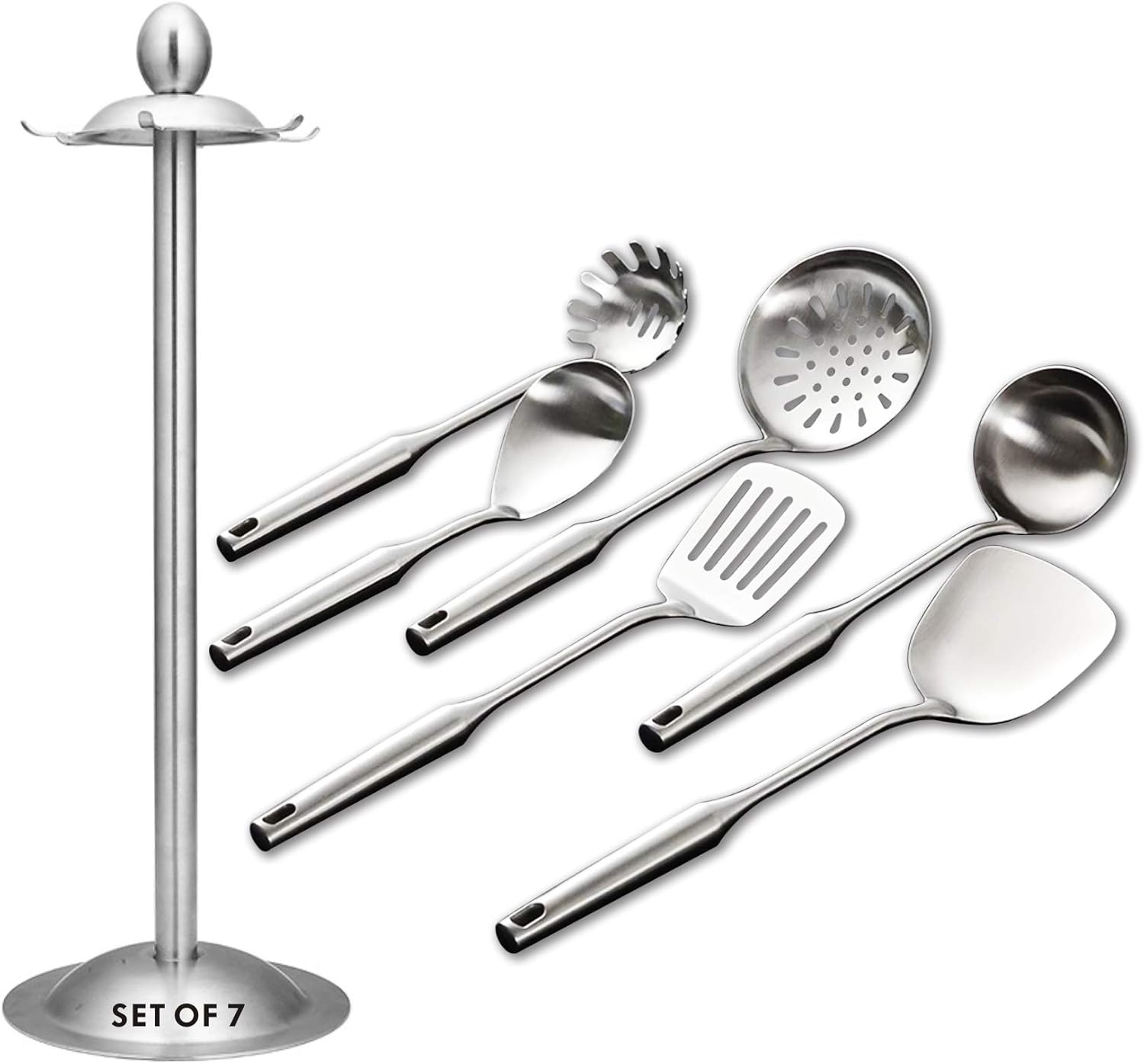 Kitchen Utensil Set – 6 Piece Stainless Steel Cooking Utensils with Rotating Holder Organizer Includes Slotted Spoon, Slotted Spatula, Large Spoon, Soup Ladle, Spatula, Pasta Server Silver/7PCS - Culinary Roots
