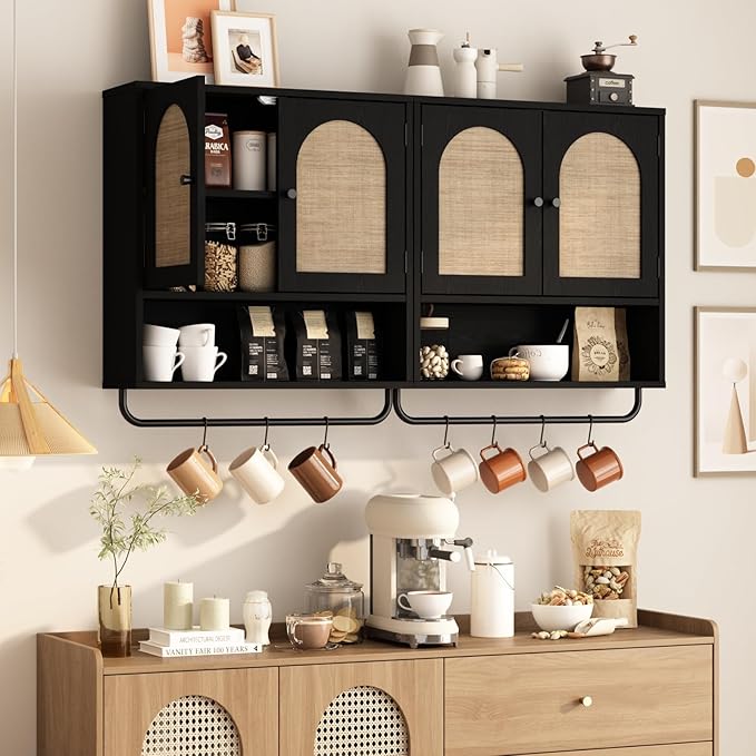 RUSTOWN Rattan Bathroom Wall Cabinet, Boho Medicine Cabinet with 2 Arched Doors, Farmhouse Over The Toilet Storage Cabinets with Adjustable Shelves & Towel Bar