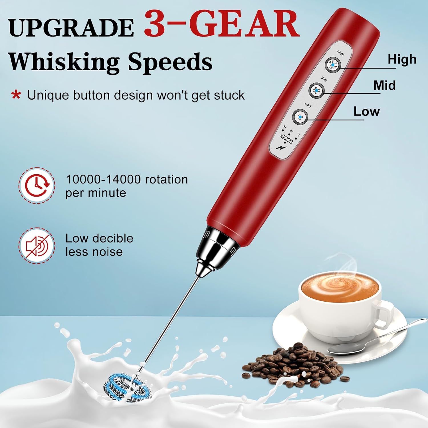 Milk Frother Handheld for Coffee, Electric Whisk 3 Speed Adjustable, Drink Mixer with Stainless 3 Whisks, Rechargeable Hand Frother Wand, Foam Maker for Latte Cappuccino Hot Chocolate Egg Red - Culinary Roots