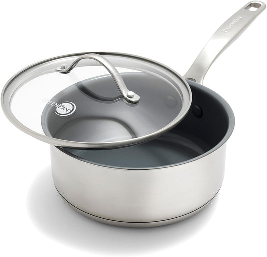 GreenPan Stainless Steel Treviso 2.1QT Saucepan with Lid, Healthy Ceramic Nonstick, PFOA-Free PFAS-Free, Induction, Dishwasher Safe, Oven Safe, Even Heating, Silver - Culinary Roots
