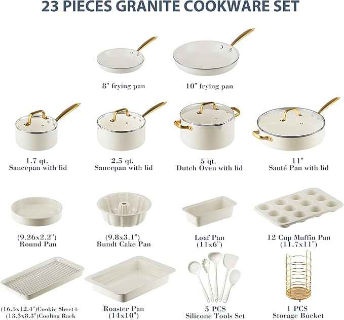 Pots and Pans Set Nonstick - Granite Cookware + Bakeware Set Kitchen Cookware Sets With Dutch Oven, Frying Pans, Saucepan, Sauté Pan, Silicone Utensils, Cookie Sheet, Baking Pan Set for Cooking Gifts