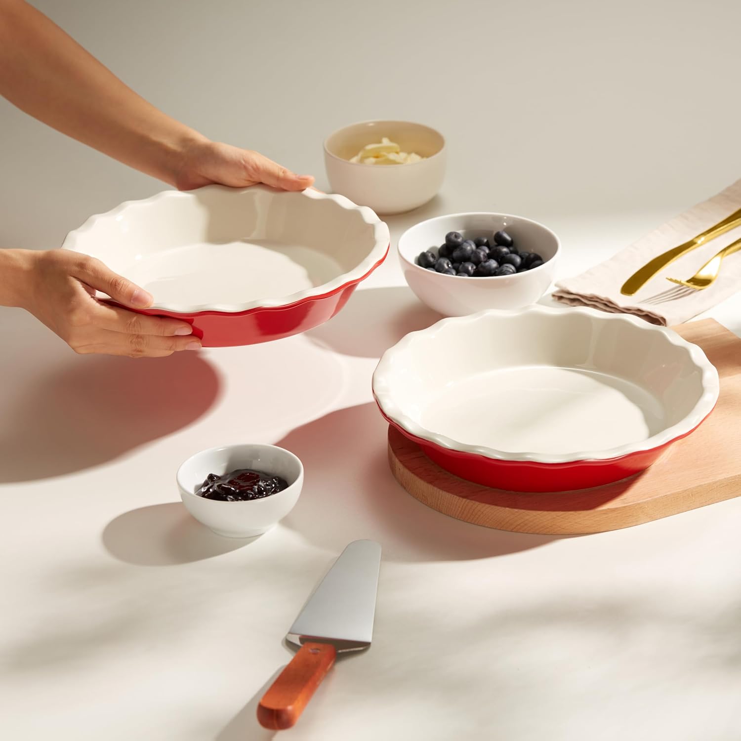 KooK Pie Pan, Ceramic Reusable Round Pie Dish, Quiche Baking Dish, Deep, Wave Edge, For Cakes, Tart, Casseroles, Tarts, Microwave, Oven and Dishwasher Safe, 9-Inch, 36 oz, Set of 2, Cherry - Culinary Roots