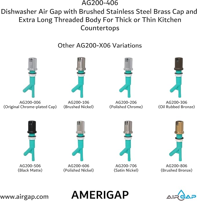 Dishwasher Air Gap with Skirted Brushed Stainless Steel Brass Cap and Extra Long Threaded Body for Thick or Thin Kitchen Countertops (AG200-406, AG200-X06, AMERIGAP)