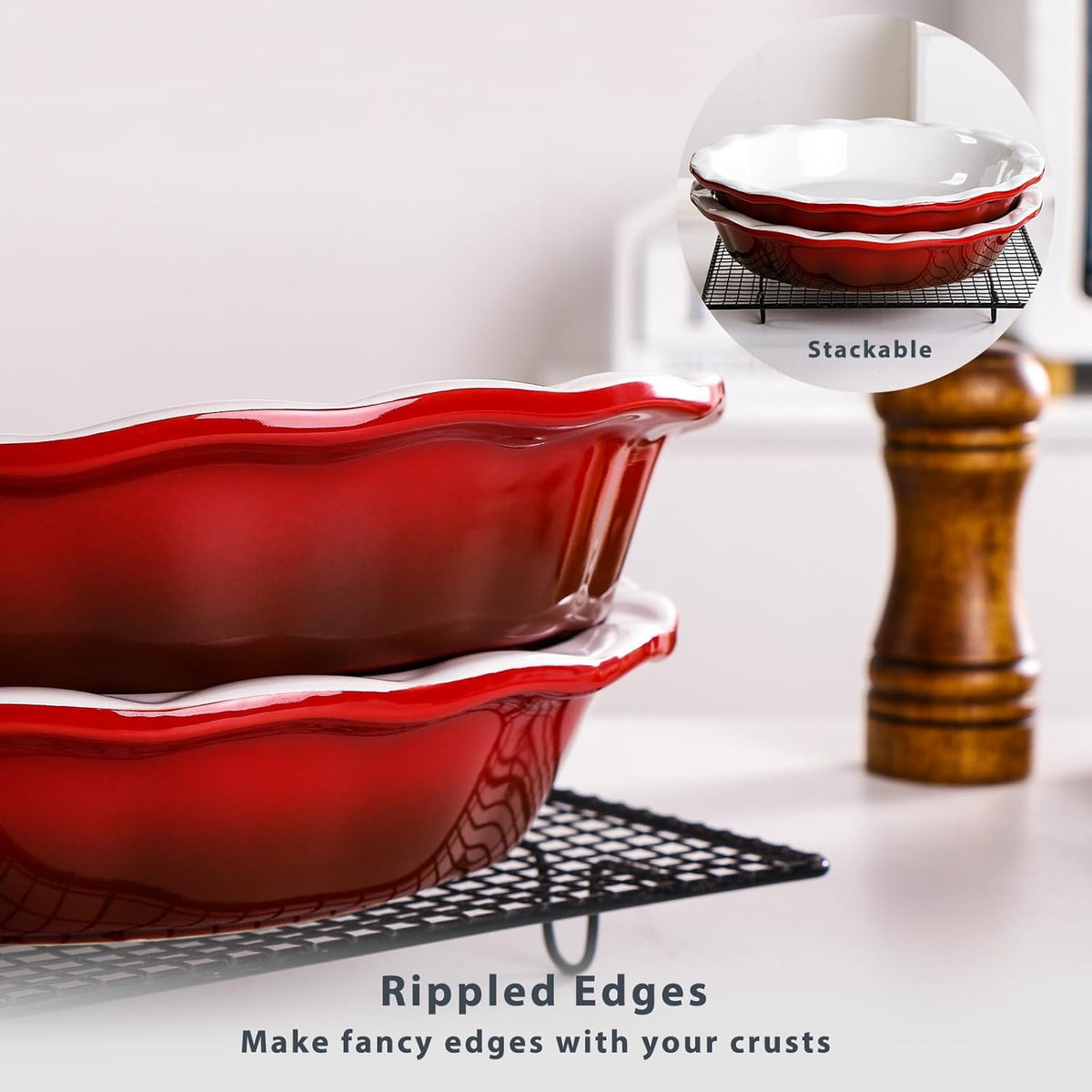 Lareina Pie Pans for Baking, Ceramic 9 Inch Deep Pie Dish with Rippled Edge for Apple Pie, Pecan Pie, Colorful and Durable Pie Plate, Christmas Gifts for Women, Set of 2, Red - Culinary Roots