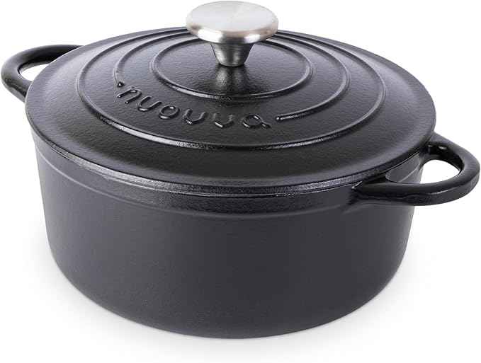 Cast Iron Dutch Oven with Lid – Non-Stick Ovenproof Enamelled Casserole Pot – Sturdy Dutch Oven Cookware – Black, 3.1-Quart, 22cm – by Nuovva