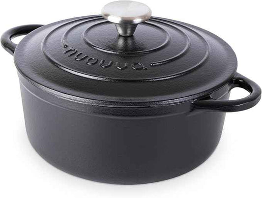 Cast Iron Dutch Oven with Lid – Non-Stick Ovenproof Enamelled Casserole Pot – Sturdy Dutch Oven Cookware – Black, 3.1-Quart, 22cm – by Nuovva