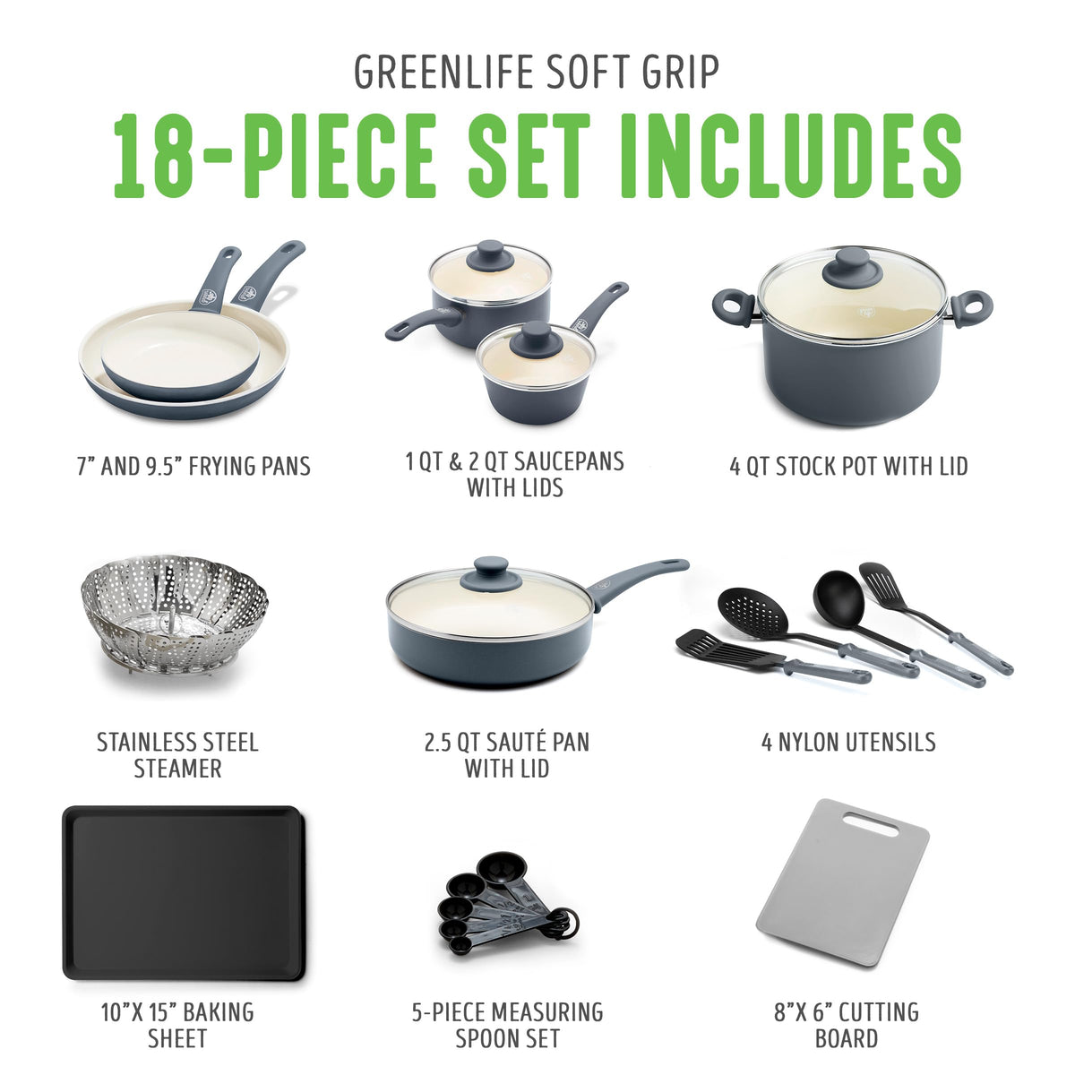 Soft Grip Healthy Ceramic Nonstick 18 Piece Kitchen Cookware Pots and Frying Sauce Saute Pans Set