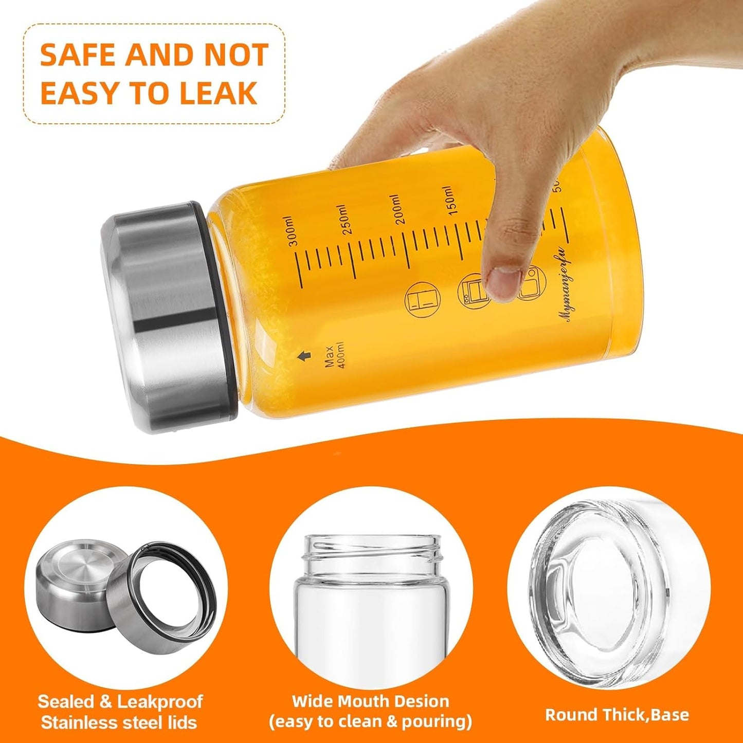 Glass Juice Bottles 6 Pack 12 oz - Wide Mouth Glass Water Bottles with Lids - for Juicing, Smoothies, Milk, Protein, BPA Free, Reusable, Stainless Steel Lids, Leak Proof, Shaker bottle (12oz/400ml)