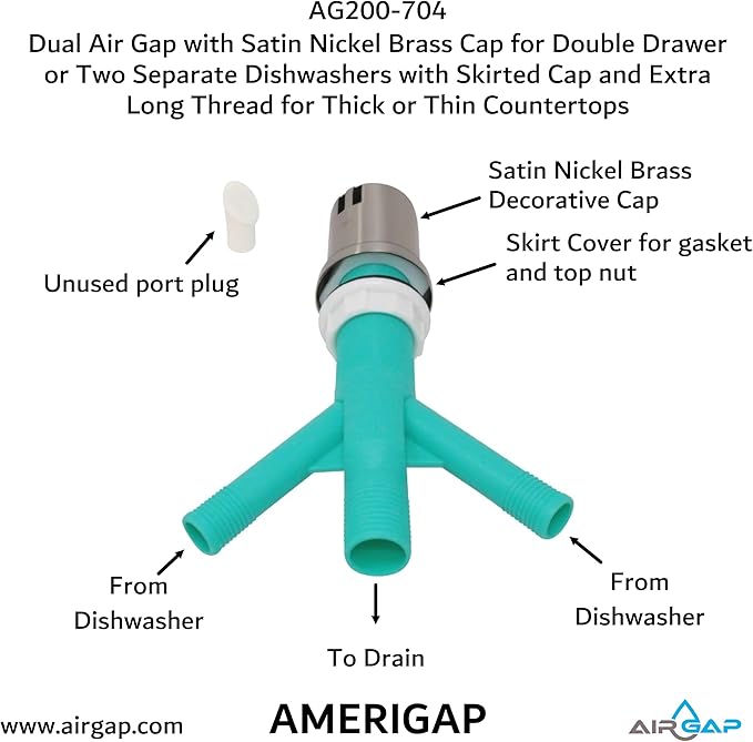 Dual Air Gap with Satin Nickel Brass Cap for Double Drawer or Two Separate Dishwashers with Skirted Cap and Extra Long Thread for Thick or Thin Countertops (AG200-704, AG200-X04, AMERIGAP)