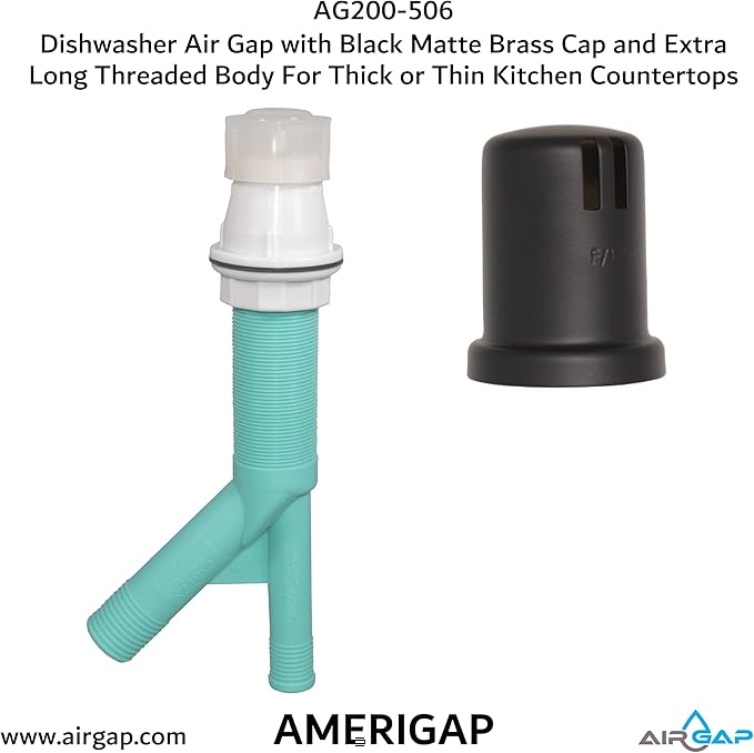 Dishwasher Air Gap with Skirted Black Matte Brass Cap and Extra Long Threaded Body for Thick or Thin Kitchen Countertops (AG200-506, AG200-X06, AMERIGAP)