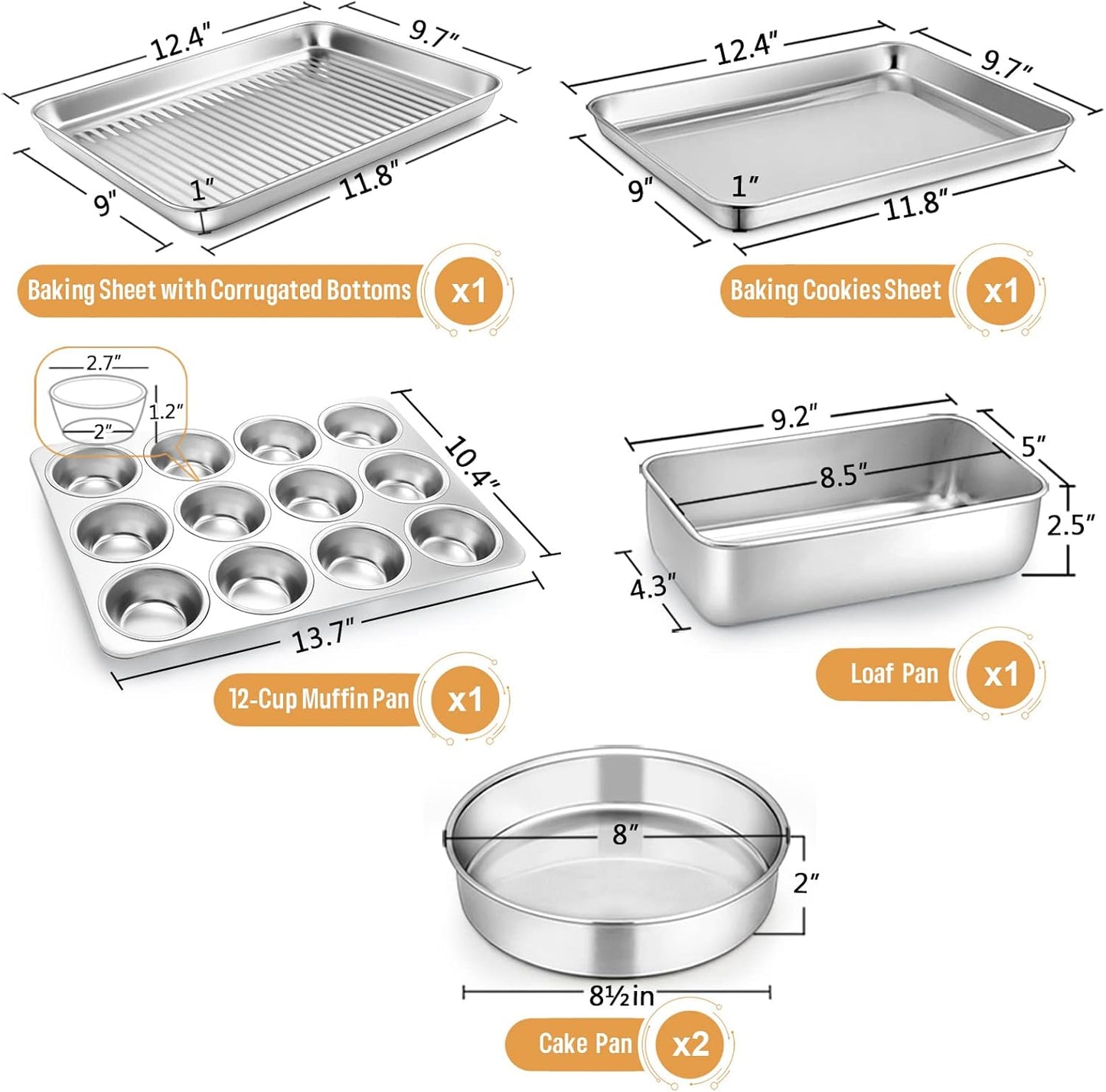 E-far 6-Piece Baking Pans set, Stainless Steel Bakeware Set for Oven, Include 8-Inch Cake Pan/Rectangle Baking Cookie Sheet/Muffin/Loaf Pan, Non-Toxic & Heavy Duty, Dishwasher Safe - Culinary Roots