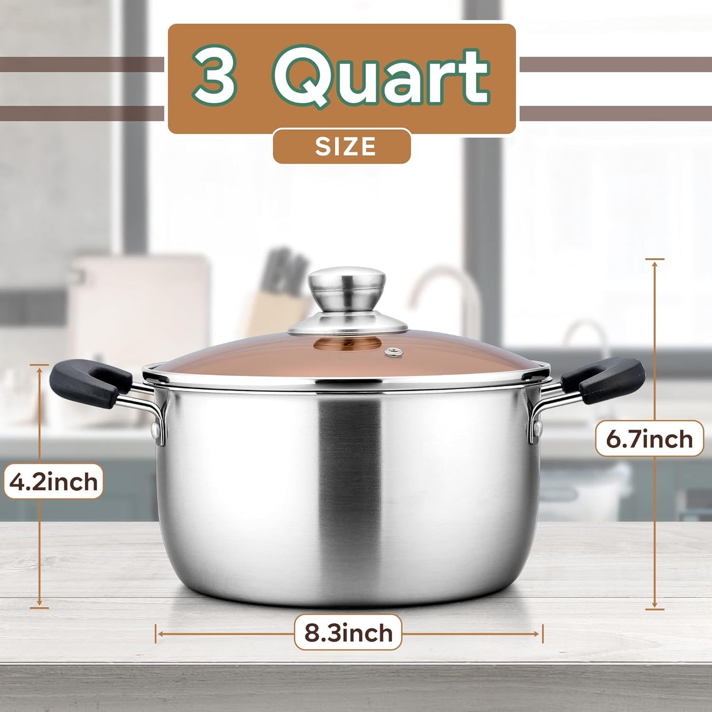 LIANYU 3QT Stainless Steel Stock Pot, Cooking Soup Pot with Lid, Heavy Duty Pasta Stockpot for Strew Simmer Boiling, Heat-proof Handle, Dishwasher Safe - Culinary Roots