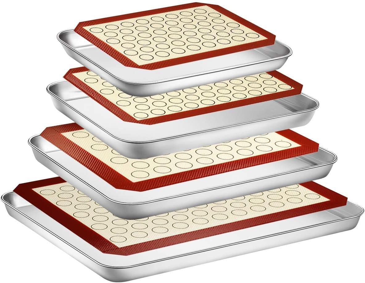 Baking Sheet with Silicone Mat Set, Set of 8 (4 Sheets + 4 Mats), Stainless Steel Cookie Sheet Baking Pans with Reusable Silicone Baking Mat, Non Toxic & Heavy Duty & Easy Clean - Culinary Roots