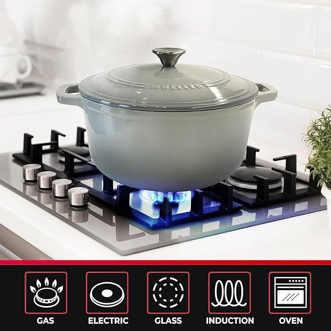 MUELLER HOME 4.5 QT Enameled Cast Iron Dutch Oven, Heavy-Duty Casserole Dish and Braiser Pan with Lid and Stainless Knob, Oven-Safe up to 500° F & Across All Cooktops, Grey